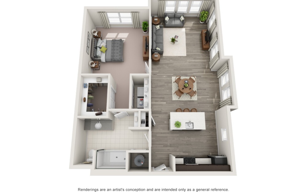 A3E - 1 bedroom floorplan layout with 1 bathroom and 846 square feet
